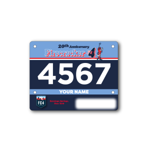 Saratoga Springs Firecracker 4 road race bib for 20th anniversary race on July 4, 2026